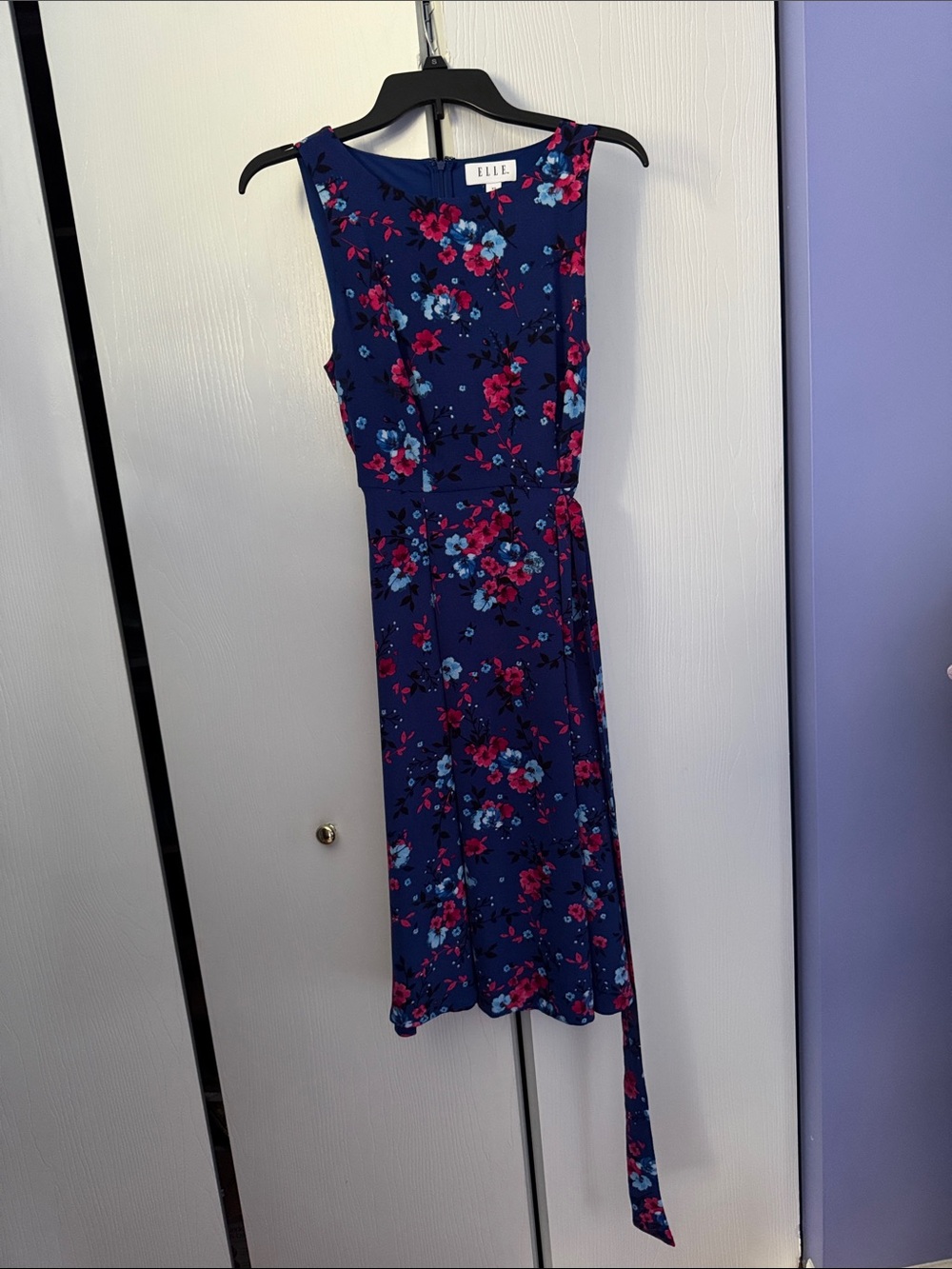 Elle Navy Floral Sleeveless Midi Dress with Pink & Light Blue Accents